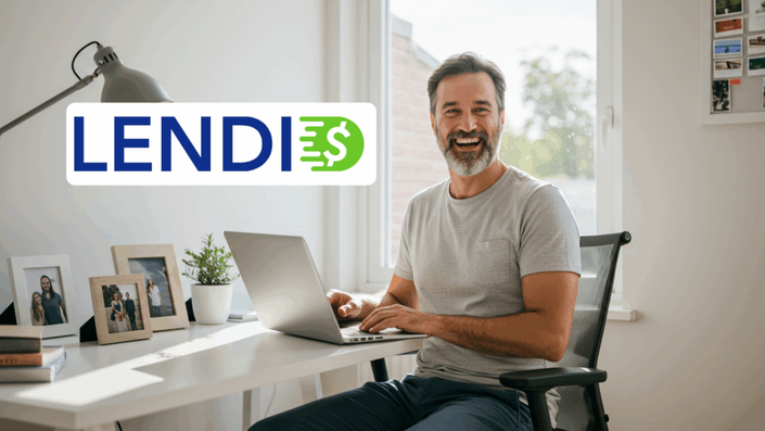 Hombre sonriente trabajando en su laptop en una mesa con fotos familiares y decoraciones, con el logo de LENDI flotando en la parte superior de la imagen.