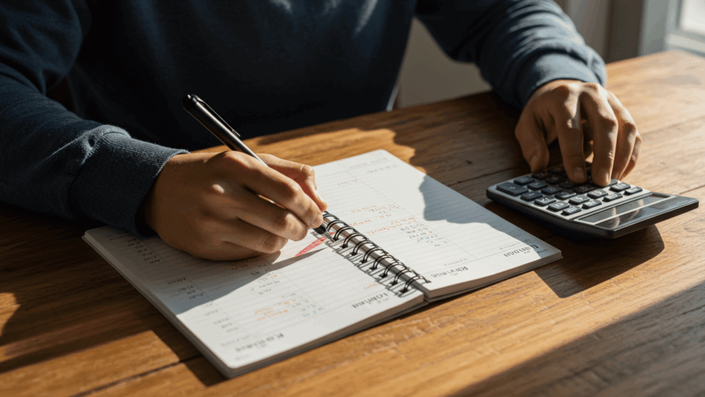 Persona organizando su presupuesto personal, con calculadora y planificador visible, para gestionar sus finanzas y aumentar su límite de tarjeta de crédito.