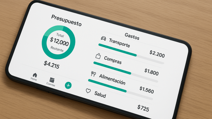 Tela de celular mostrando una aplicación de presupuesto personal, donde se visualizan los gastos y el total restante de un presupuesto.
